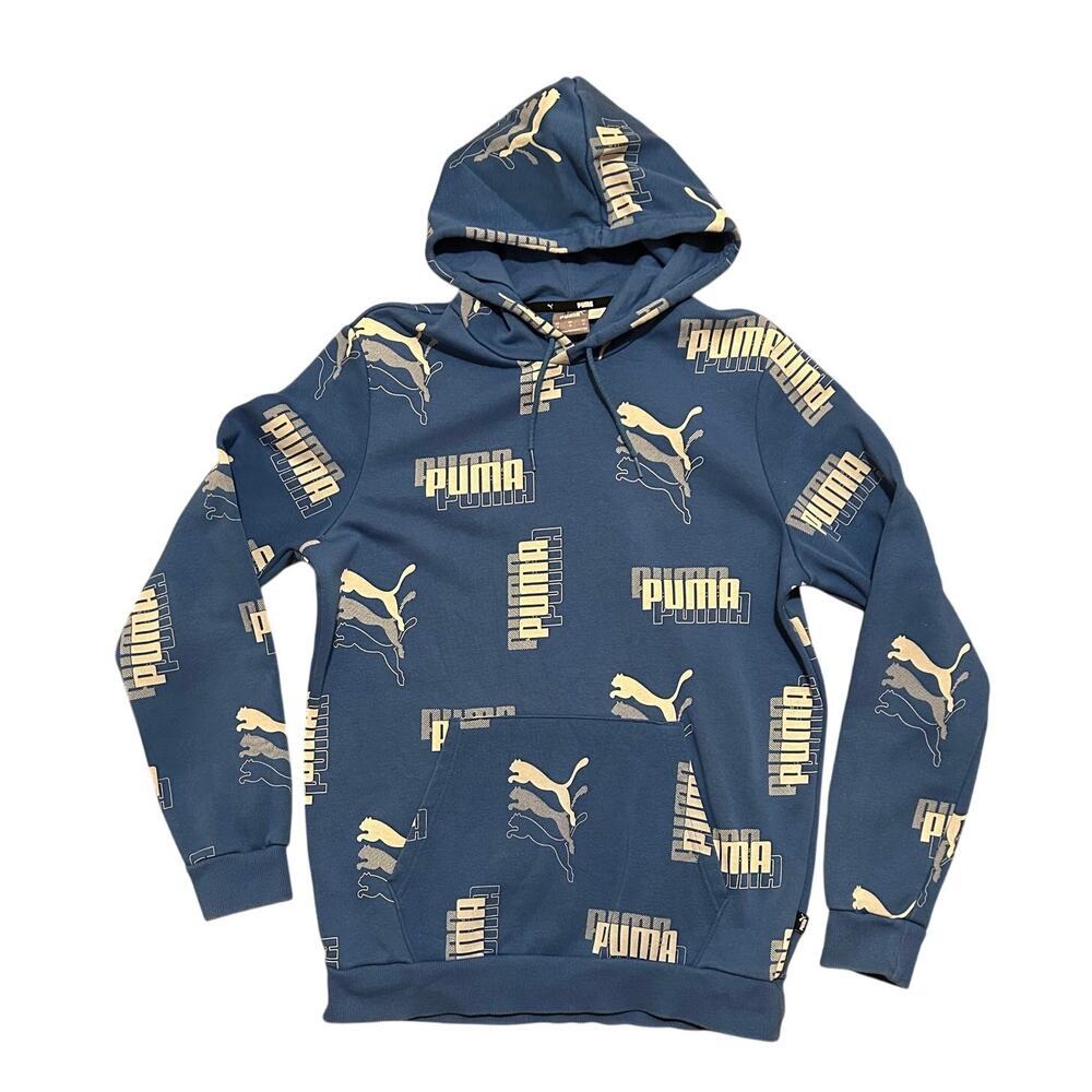 Puma Power AOP Pullover Sweatshirt Hoodie Men's L Blue/White All Over Print